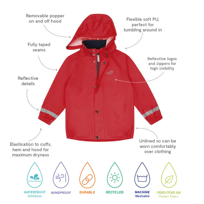 Rainy Day Waterproof Jacket Red: A red waterproof jacket with reflective details, a hood and elasticated cuffs. Showing waterproofing etc.